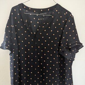 41 Hawthorn Women's Blouse 2X Black Tan Polka Dot Ruffle Short Sleeve